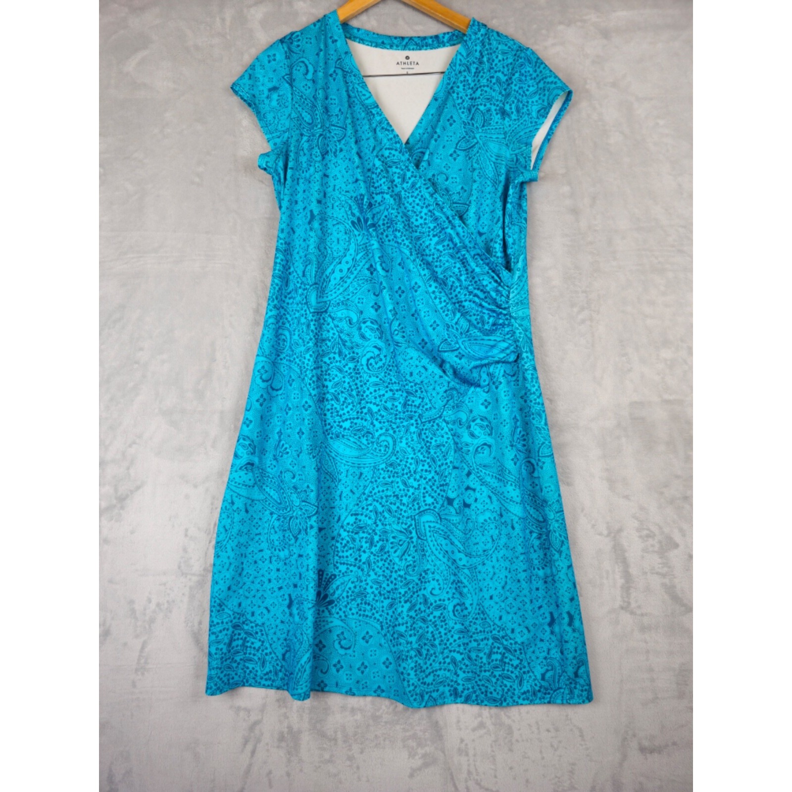 Athleta Women Large Nectar Teal Blue Athleisure Stretch Paisley Faux Wrap Dress